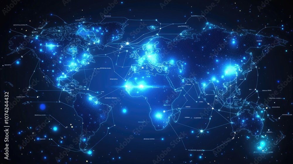 Poster digital world map with glowing lines and data points, modern and high-tech look