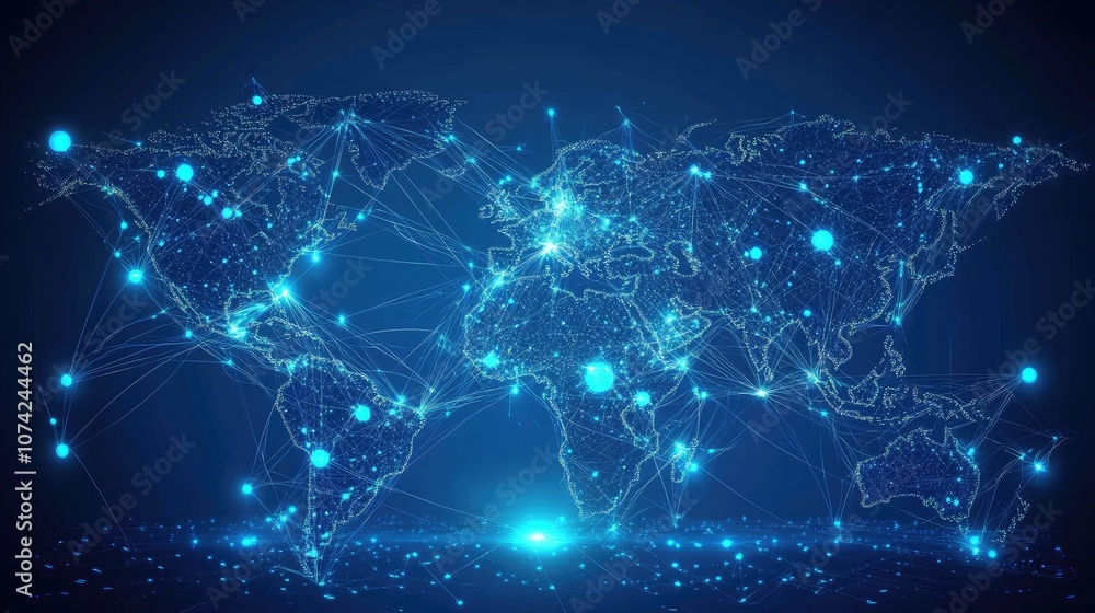 Poster digital world map with glowing lines and data points, modern and high-tech look