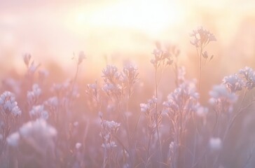 Fototapeta premium Soft, dreamy image of wildflowers in a field at sunset.