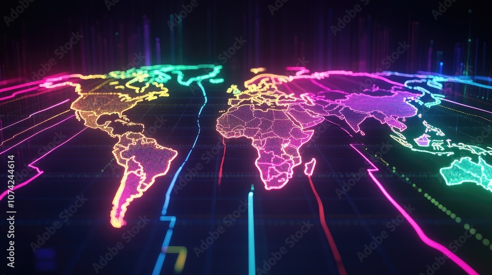 Poster digital world map with lines of longitude and latitude glowing in neon colors