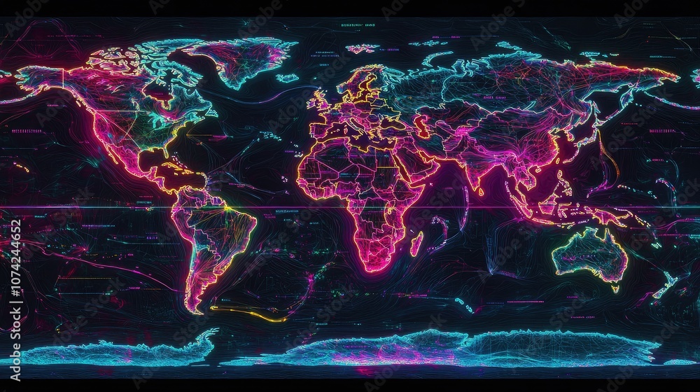 Poster digital world map with lines of longitude and latitude glowing in neon colors