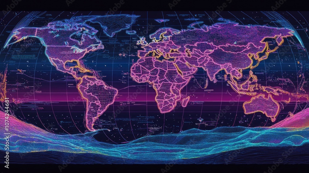Aufkleber digital world map with lines of longitude and latitude glowing in neon colors