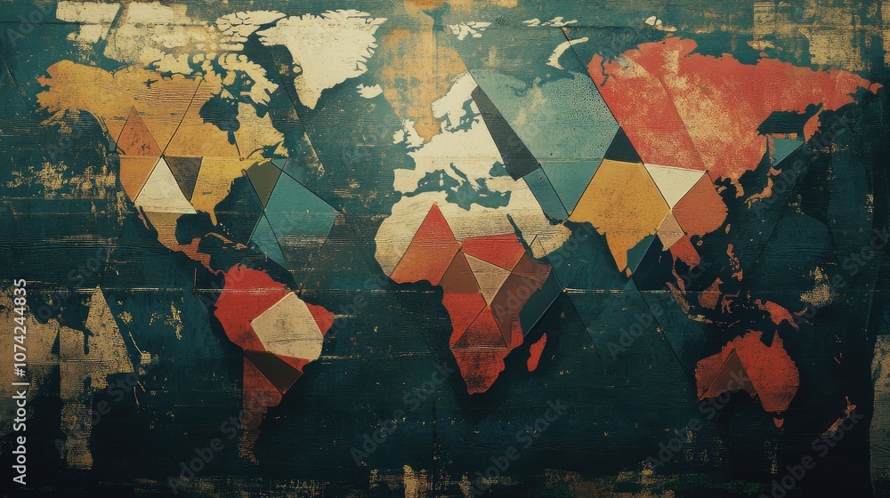 Poster geometric world map with interconnected triangles representing continents