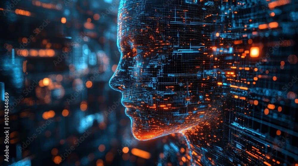 Poster digital profile of a cybernetic head constructed from glowing data streams in a futuristic technolog
