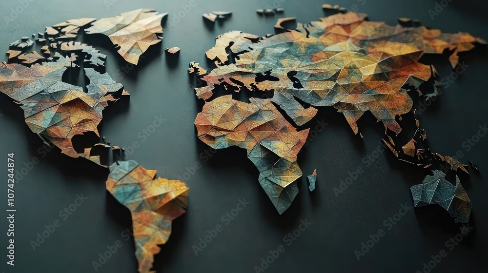 Poster geometric world map with interconnected triangles representing continents