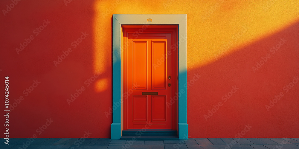 Aufkleber orange door on orange wall with light and shadows creating a colorful composition