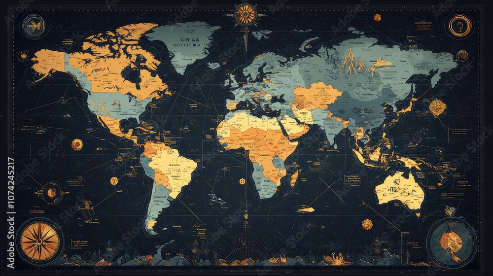 Poster interactive world map with clickable elements representing different global regions
