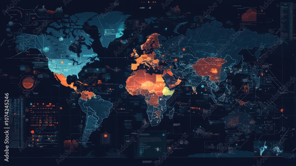 Poster interactive world map with clickable elements representing different global regions