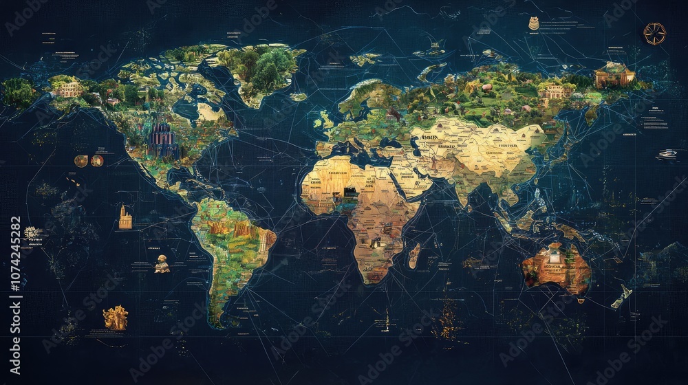 Poster interactive world map with clickable elements representing different global regions