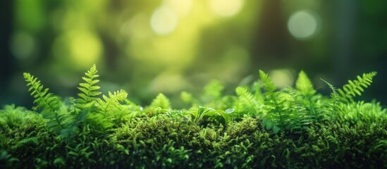 Lush green moss and ferns in a forest with a blurred background.