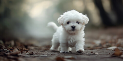Adorable maltese puppy walking on a path in the woods