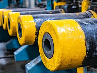 Close-up of industrial rollers with yellow paint, used in manufacturing processes.