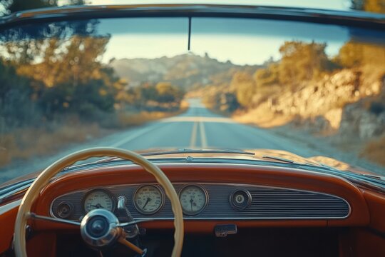 Fototapeta Nostalgic Journey on Go For a Ride Day Scenic Drive and Classic Vintage Car Dashboard