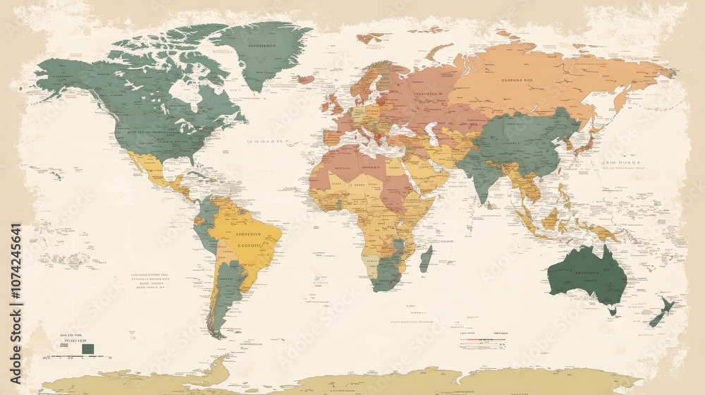 Poster simple world map with a muted color palette, showing continents in soft tones