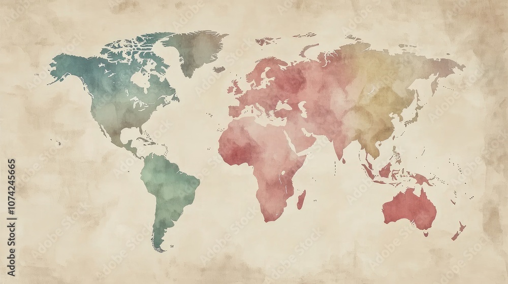 Poster simple world map with a muted color palette, showing continents in soft tones