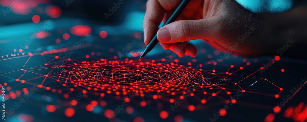 Poster a hand holding a pen draws on a digital interface filled with glowing red dots, symbolizing data ana