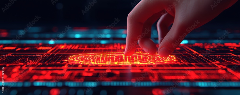 Poster a close-up of a hand interacting with a glowing red digital interface, depicting a futuristic techno