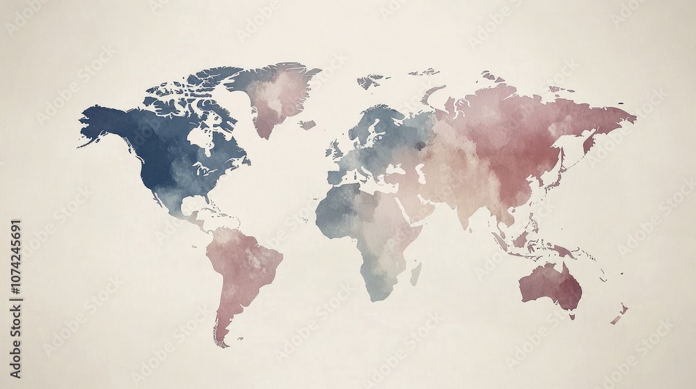 Poster simple world map with a muted color palette, showing continents in soft tones