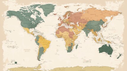Simple world map with a muted color palette, showing continents in soft tones