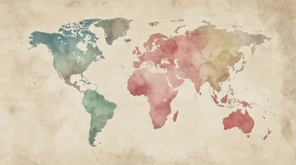 Simple world map with a muted color palette, showing continents in soft tones