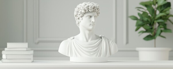 A white marble bust of a classical figure sits on a table among books and a green plant, against a minimalist background.