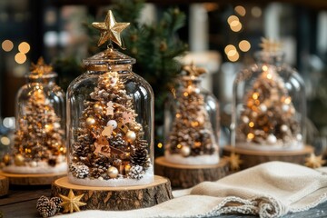 A group of Christmas trees in glass vases with a star on top