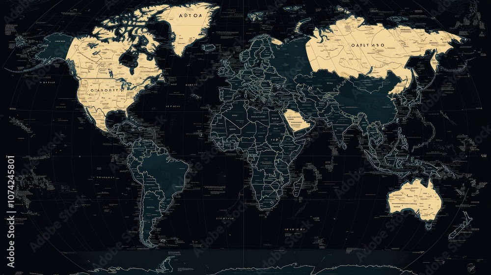 Poster stylized world map with simple outlines and country names in bold typography