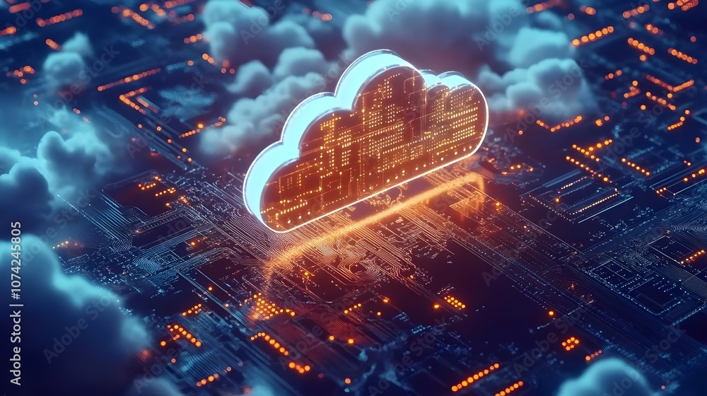 Wall mural blue and orange isometric neon data cloud computation technology abstract 3d image