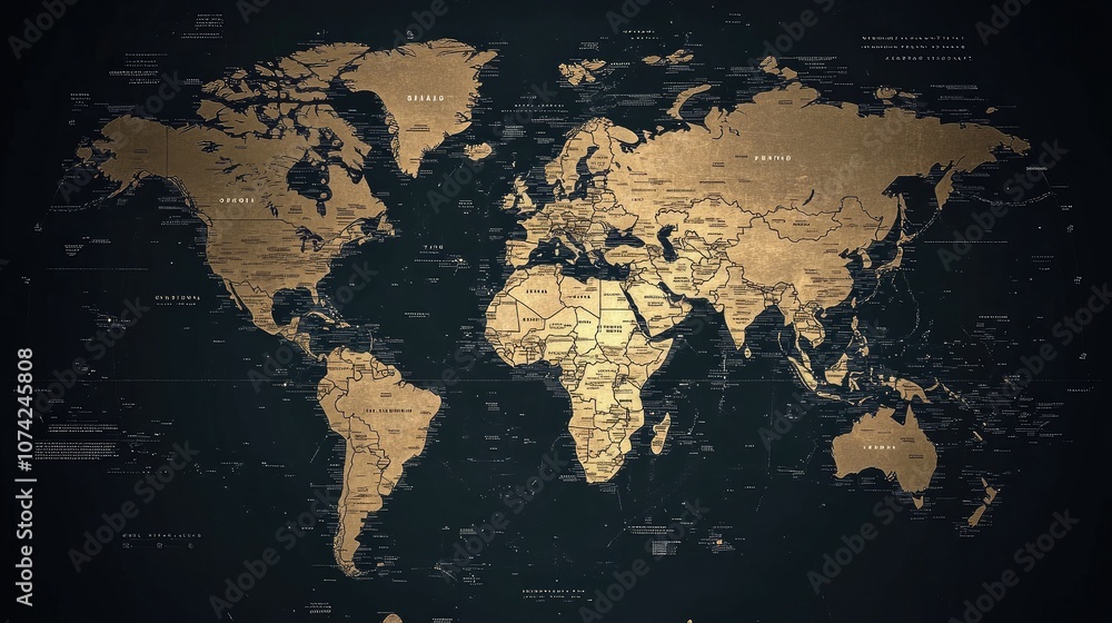 Poster stylized world map with simple outlines and country names in bold typography