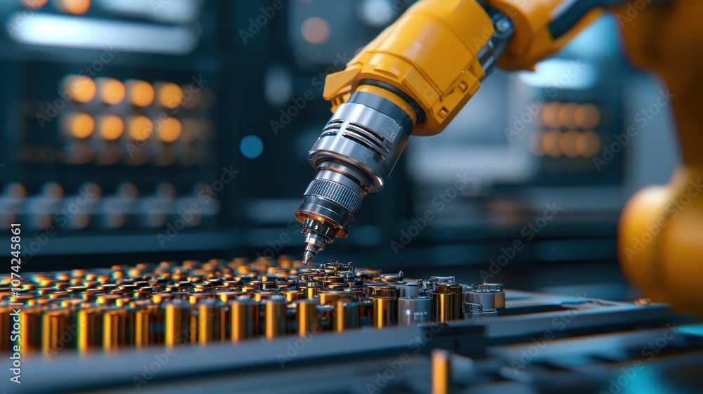 Poster a robotic arm meticulously assembles metallic components in a modern industrial setting, showcasing 