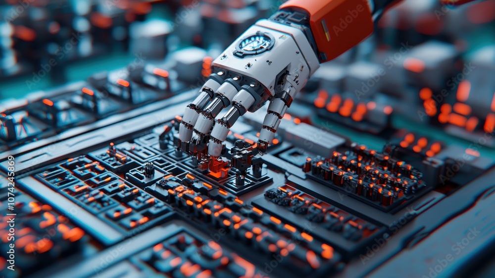 Poster a robotic hand interacts with a circuit board, highlighting the integration of technology and automa