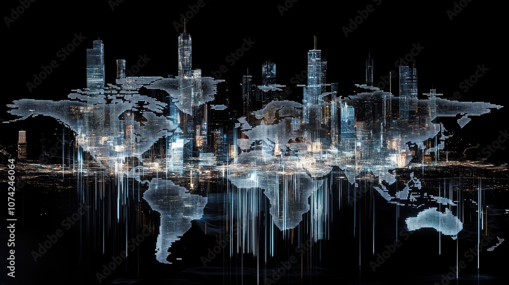 Poster transparent world map with digital data streaming across it, futuristic look
