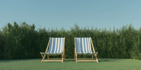 Two empty deckchairs inviting relaxation in peaceful green garden