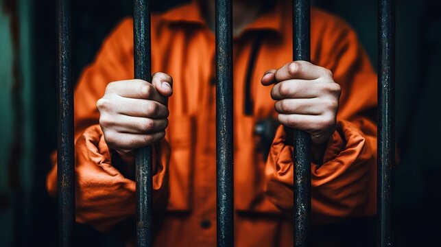 Young adolescent imprisoned captured in confinement behind bars in orange jumpsuit in detention center