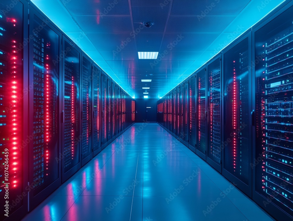 Poster high-tech data center with neon lights and server racks