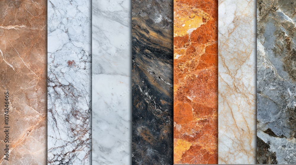 Poster a collection of various marble textures showcasing different colors and patterns.