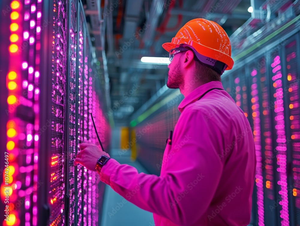 Poster male it professional troubleshooting in high-tech data center with vibrant led lighting