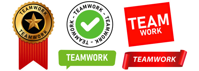 Teamwork job team group together work problem solving cooperation communication plan development stamp colorful stamp badge emblem medal grunge textured shapes icon design set collection