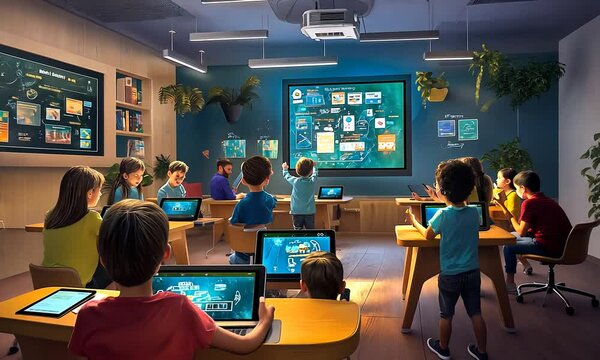 Kids Learning with Interactive Tablets in Classroom