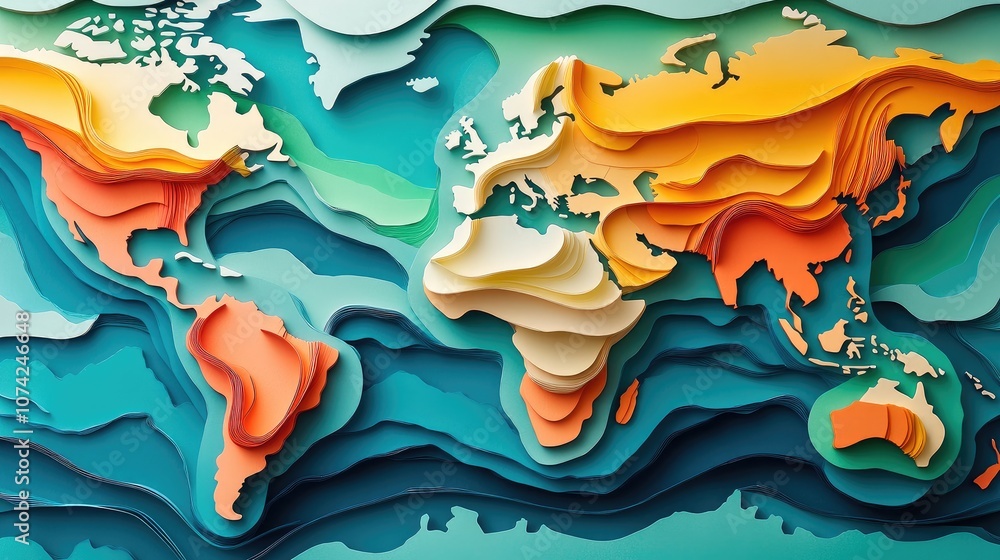 Poster world map created using a top-down view of paper cutouts, creative and colorful