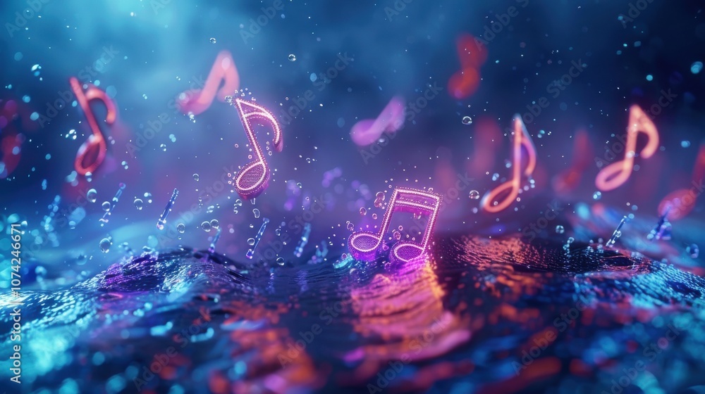 Poster neon music notes floating on a water surface, creating a mesmerizing music concept.