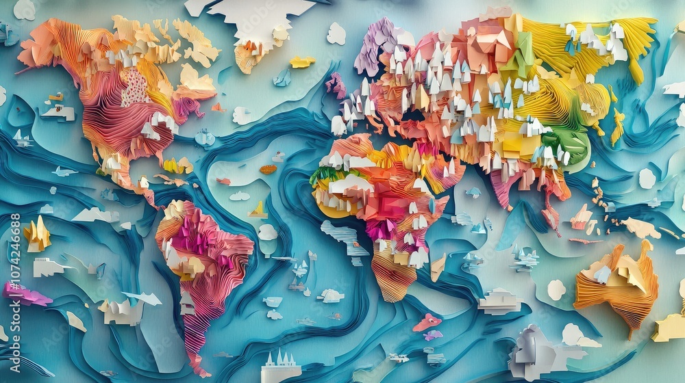 Poster world map created using a top-down view of paper cutouts, creative and colorful