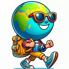 Obraz premium Cartoon character of the globe in the form of a tourist