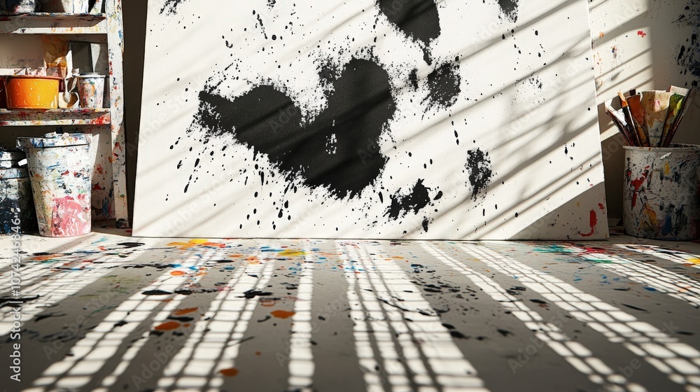 Poster creative art studio with colorful paint splashes and intriguing shadows on canvas, capturing the ess