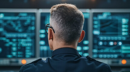 Control room with futuristic monitoring panels, showcasing advanced technology and data analysis. focused individual observes screens, emphasizing high tech environment