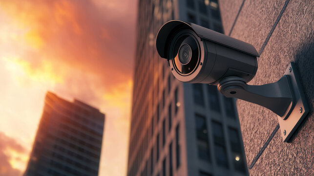 Surveillance camera mounted on building, capturing urban sunset. scene conveys security and modern architecture, highlighting importance of safety in city environments