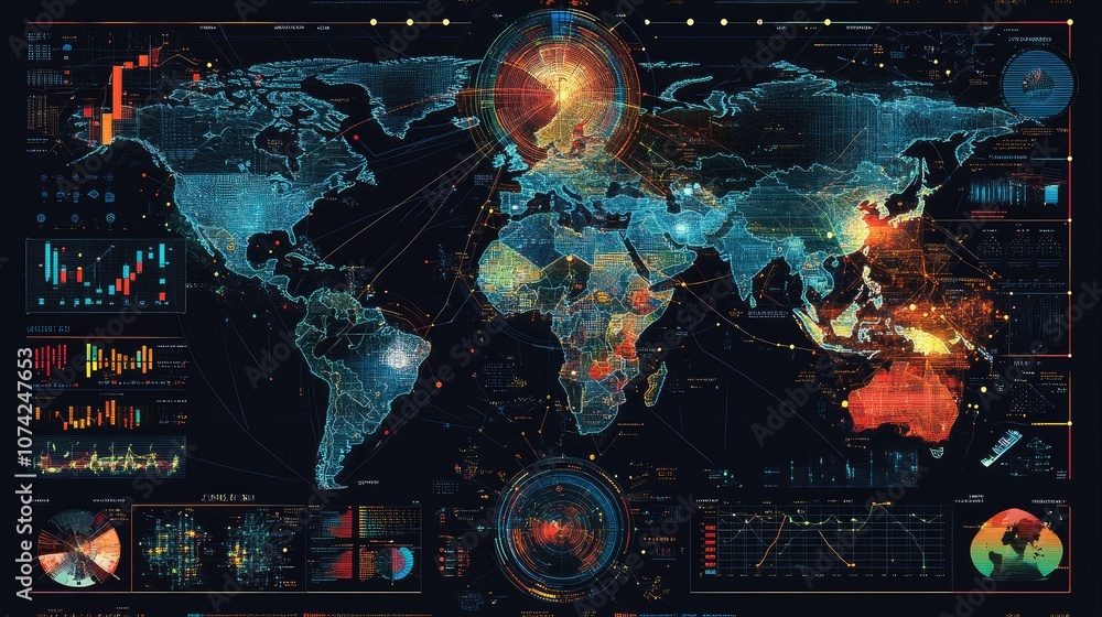 Poster world map with a futuristic touch, featuring technological data overlays and graphs