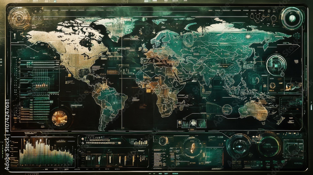 Aufkleber world map with a futuristic touch, featuring technological data overlays and graphs