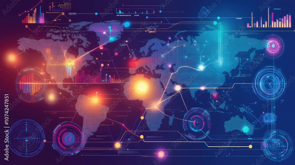 Aufkleber world map with a futuristic touch, featuring technological data overlays and graphs