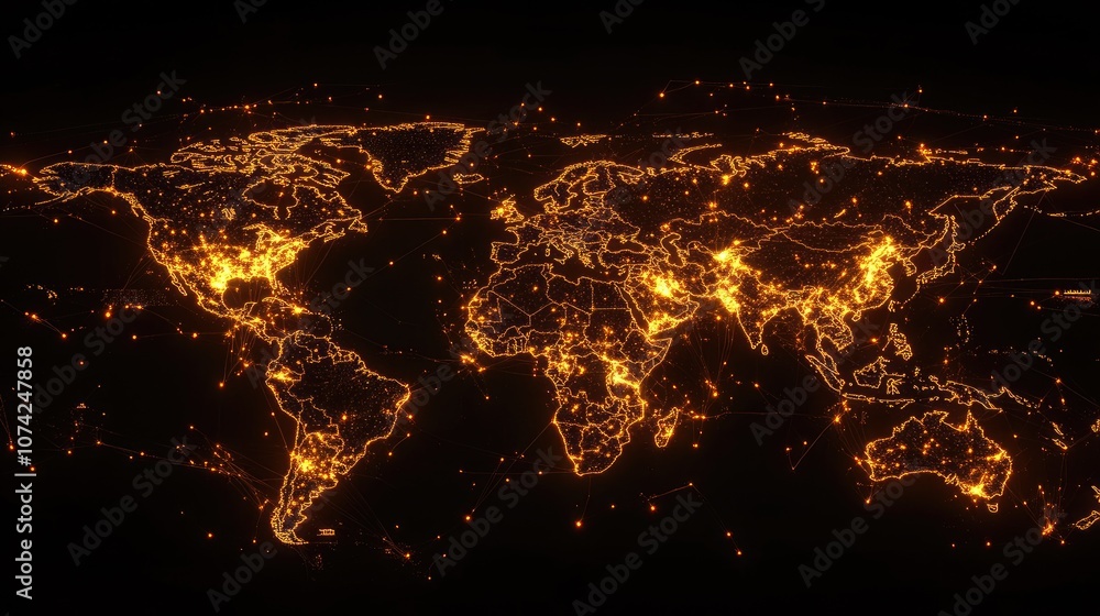 Poster world map with a glowing grid and data points, symbolizing a digital network